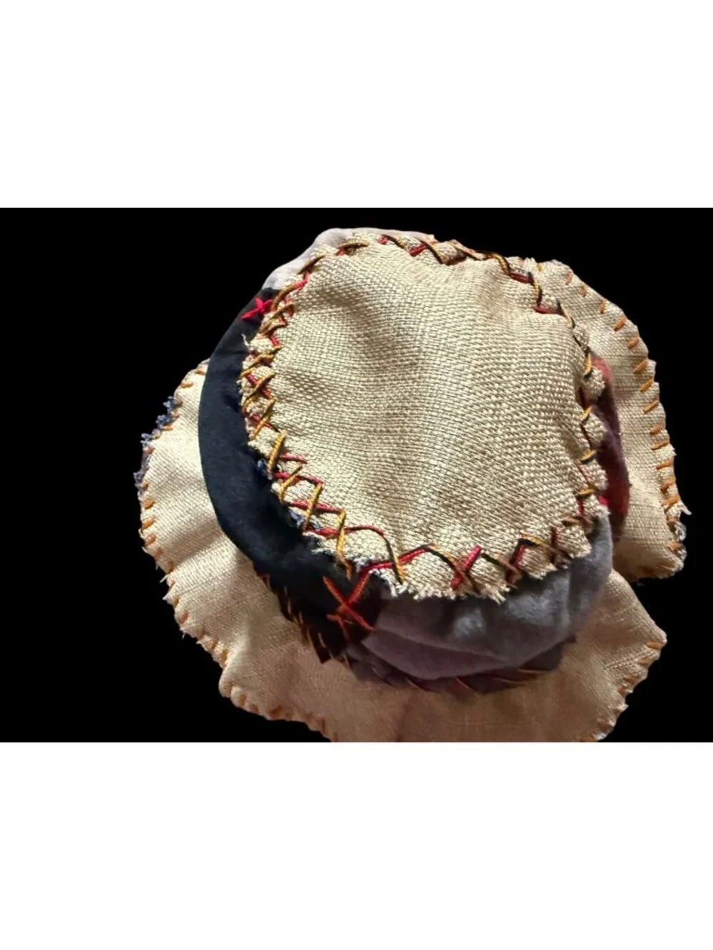Artisan Patchwork Burlap Fabric Bucket Hat Decorative Stitching Boho Costume O/S